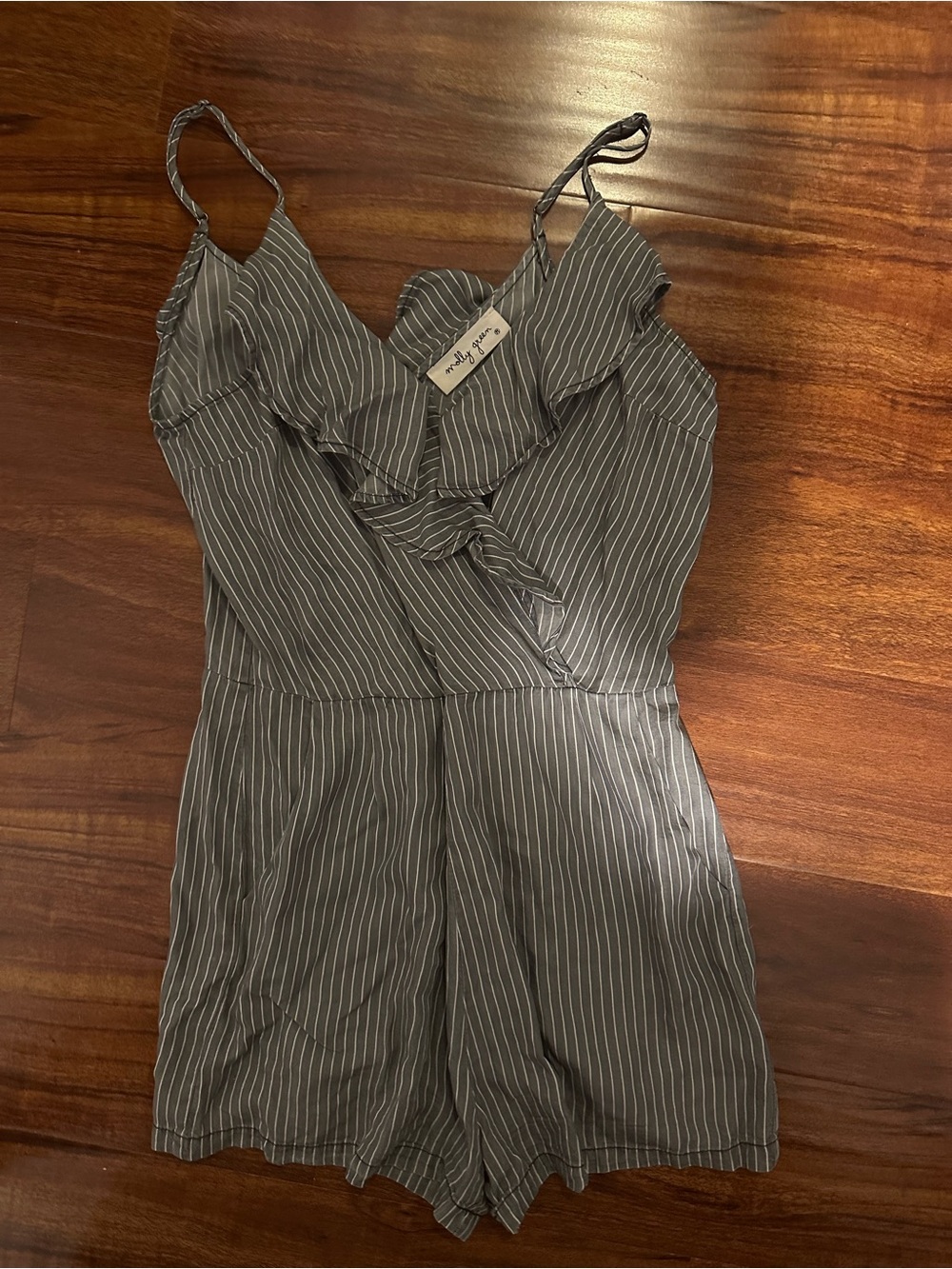 Hello Molly Gray Pinstriped Ruffle Romper